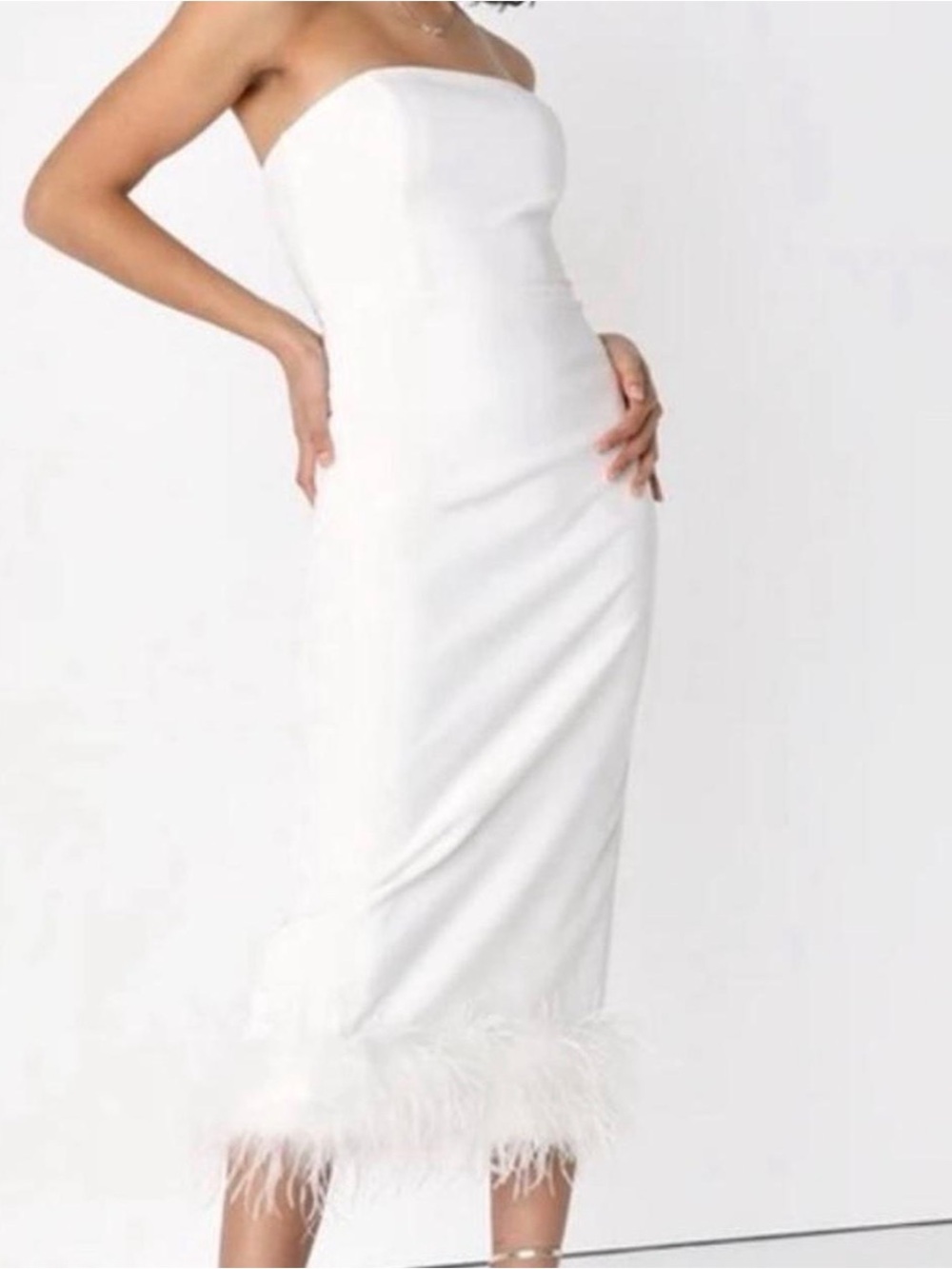 Lulu's Strapless White Midi Dress with Feather Trim